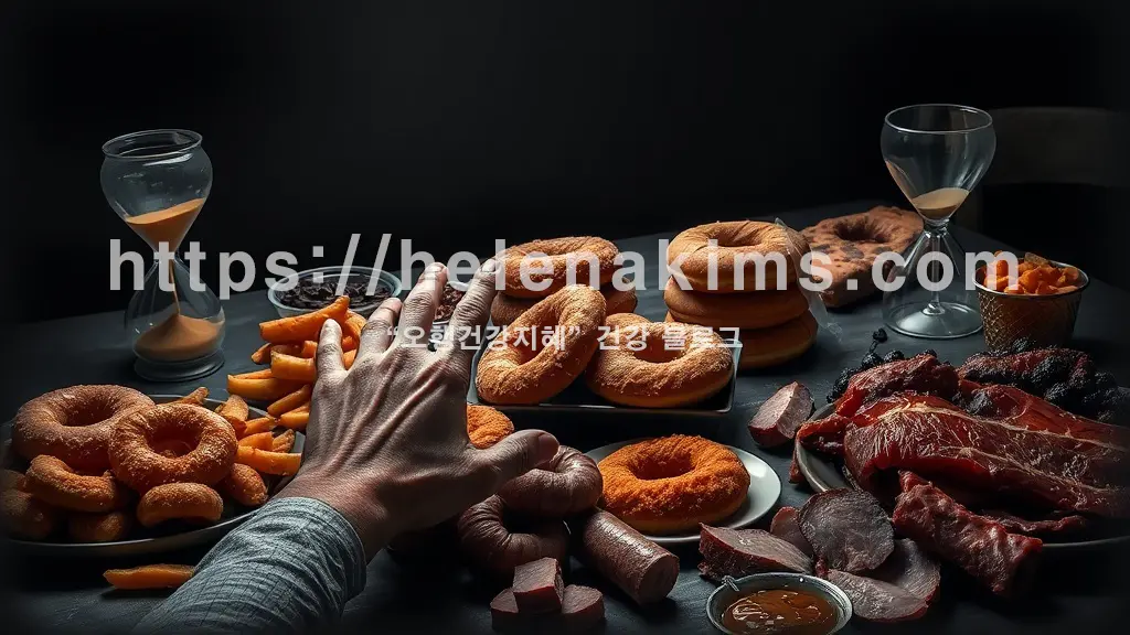 주름지고 활력을 잃은 손이 튀긴 감자, 설탕 가득한 도넛, 가공육 등 노화를 촉진하는 음식들로 가득 찬 어두운 식탁 위로 조심스레 뻗어갑니다. 식탁 한편에는 모래시계가 노화를 시각적으로 상징합니다.