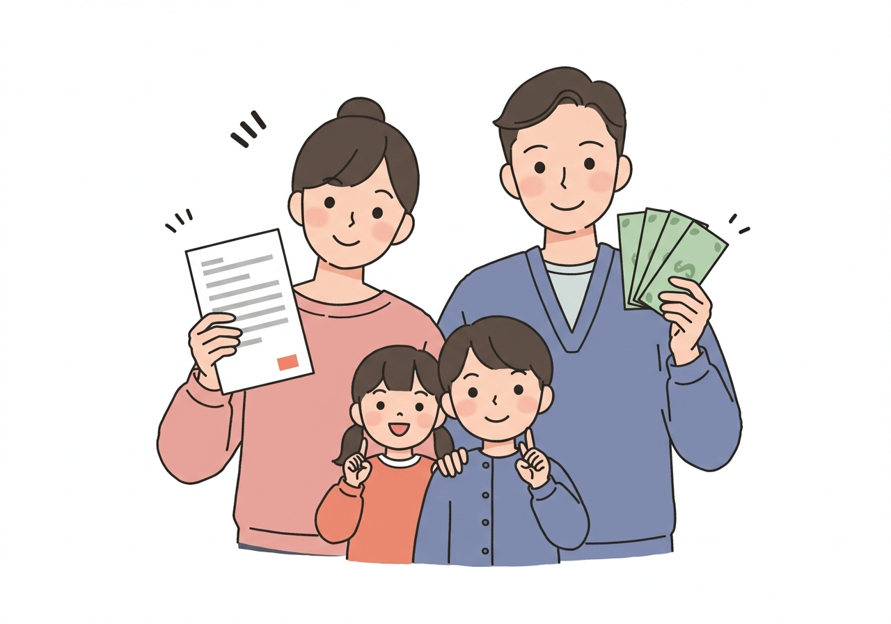 지급금 수령 후 기뻐하는 가족의 모습을 표현한 장면 1