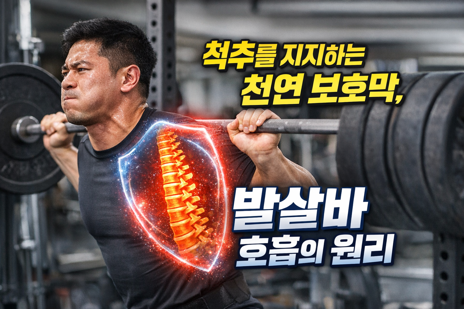 스쿼트 중 복압 유지로 척추를 안정화하는 원리를 보여주는 실사 이미지, 발살바 호흡과 허리 보호 메커니즘 설명