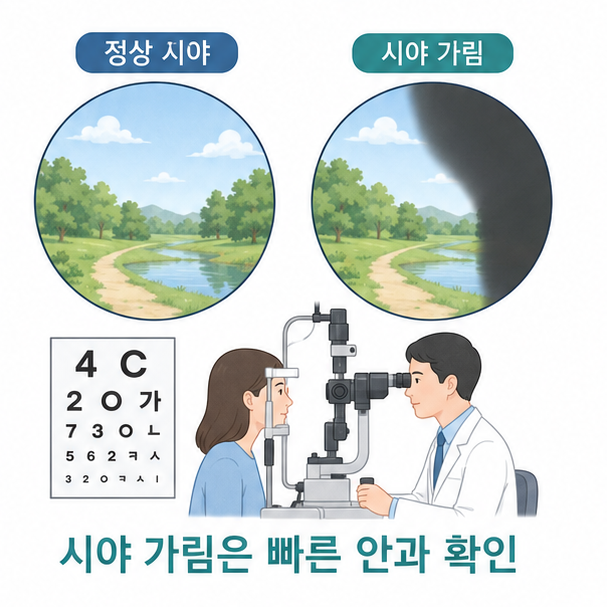 정상 시야와 그림자가 생긴 시야를 비교하고 시야 가림 시 빠른 안과 진료를 안내하는 이미지