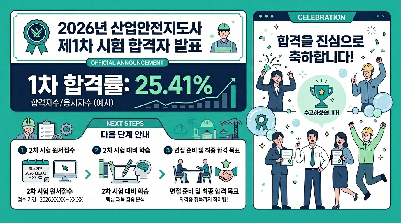 2026 제16회 산업안전지도사 1차 합격자 발표 &mdash; 합격률 25.41% 분야별 통계 인포그래픽