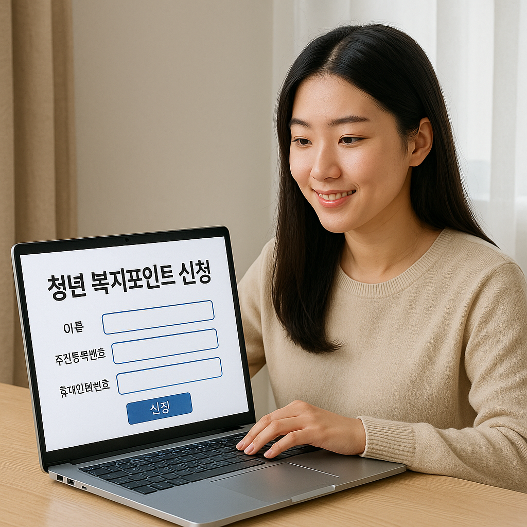 청년 복지포인트 신청을 하려는 여성의 모습입니다.