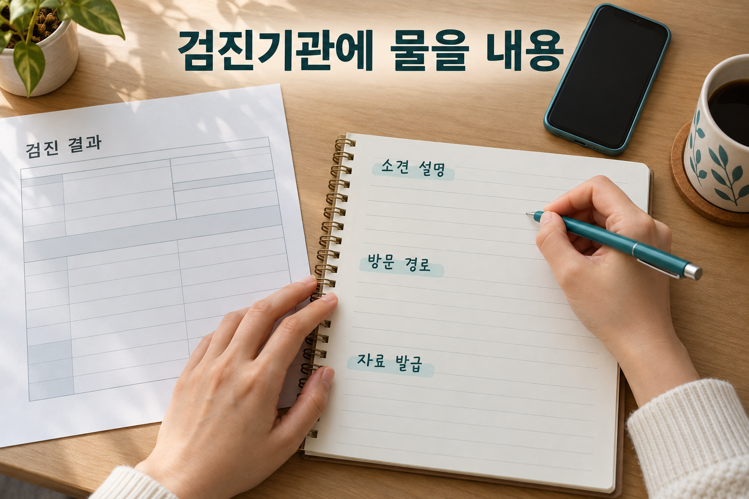 검진기관에 물을 질문을 통보서 옆에 정리하는 손
