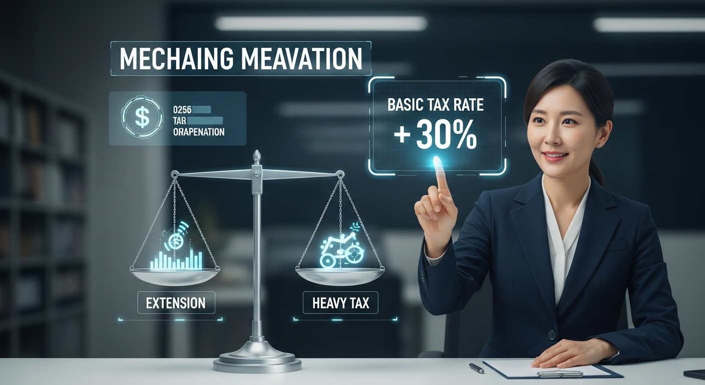 중과세의 메커니즘을 보여주는 미래지향적인 인포그래픽 일러스트. '유예 연장'과 '중과세 폭탄'을 저울질하는 천칭. 정장을 입은 젊은 중년의 한국 여성 전문가가 '기본세율 + 30%'라고 적힌 홀로그램 화면을 가리키고 있음. 전문적인 사무실 배경, 검은 머리, 지적인 모습.