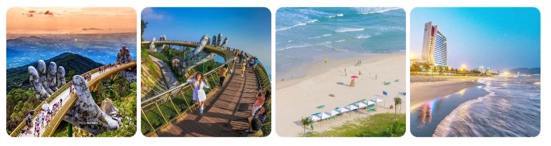 다낭의 골든브릿지와 미케 해변을 포함한 베트남 주요 관광지 풍경 이미지