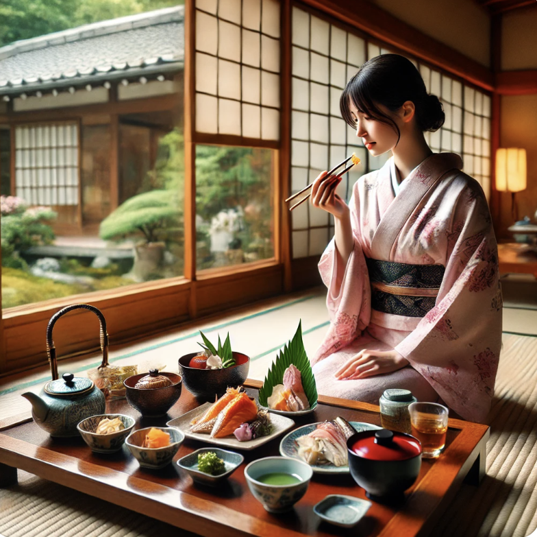 일본 료칸 호텔 가이세키 먹는 여자 사진
