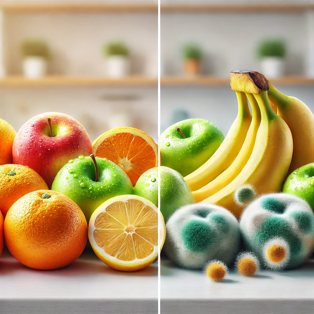 왼쪽에는 신선한 과일, 오른쪽에는 곰팡이 난 과일을 대비해 놓았다