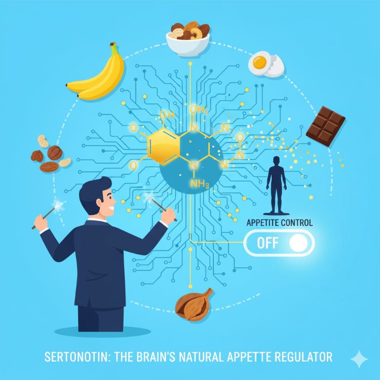 깨끗한 하늘색 배경에 뇌의 신경망과 세로토닌 분자가 오케스트라 지휘자처럼 표현되어 있고, 주변에는 바나나, 계란, 견과류 등 세로토닌을 높이는 식품들이 아름답게 배치된 모습. 중앙에는 건강한 체중계와 행복한 표정의 사람 실루엣이 있으며, 황금빛 세로토닌 입자가 식욕 조절을 상징하는 스위치를 조절하는 과학적이면서도 희망적인 이미지