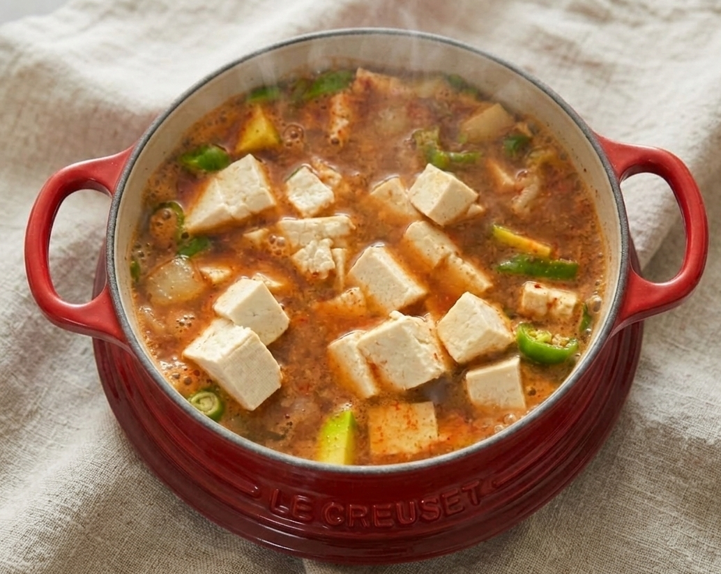 붉은색 무쇠 냄비에 담겨 보글보글 끓고 있는 구수한 된장찌개와 큼직하게 썬 두부, 애호박, 고추 등 신선한 재료들이 어우러진 모습.