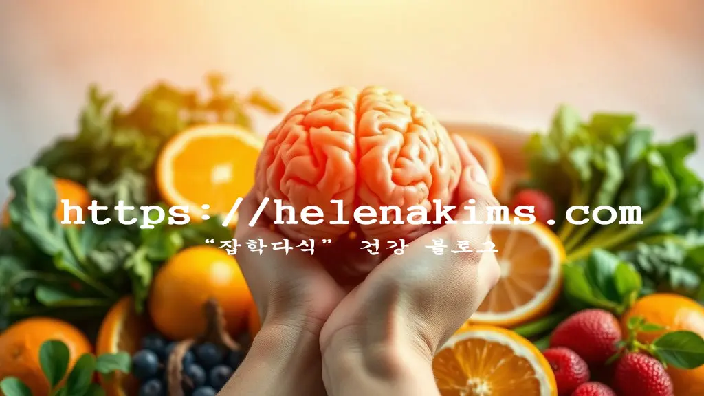 배경에는 싱싱한 채소와 과일이 놓여 있고 두 손으로 뇌 모형을 들고 있는 모습.