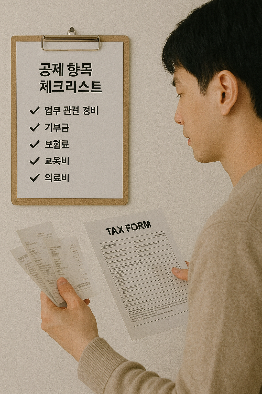 프리랜서가 공제 항목을 확인하는 모습과 세금 서류