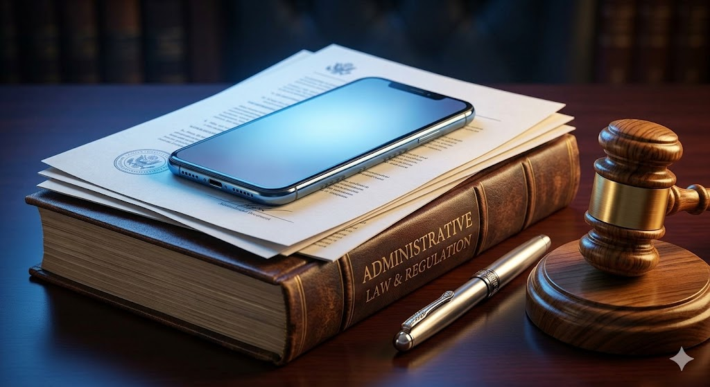 두꺼운 행정법전과 공식 법률 문서 위에 놓인 현대적인 스마트폰, 은색 만년필, 그리고 법원 판사봉이 조화를 이루는 학술적인 서재 이미지입니다