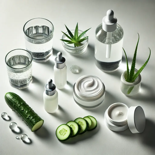 히알루론산 세럼, 크림, 오이, 알로에 등이 정돈된 보습 아이템 이미지