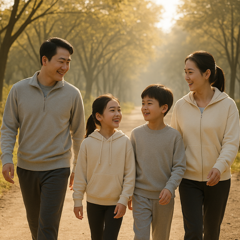 아침 햇살 아래 산책하는 가족, 가벼운 운동복 차림