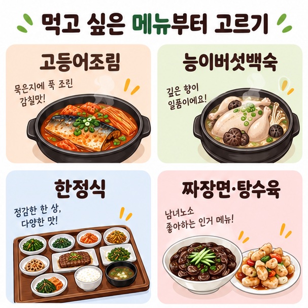 동구릉 주변에서 고등어조림과 능이버섯백숙, 한정식, 중식 중 취향에 맞는 메뉴를 고르는 이미지