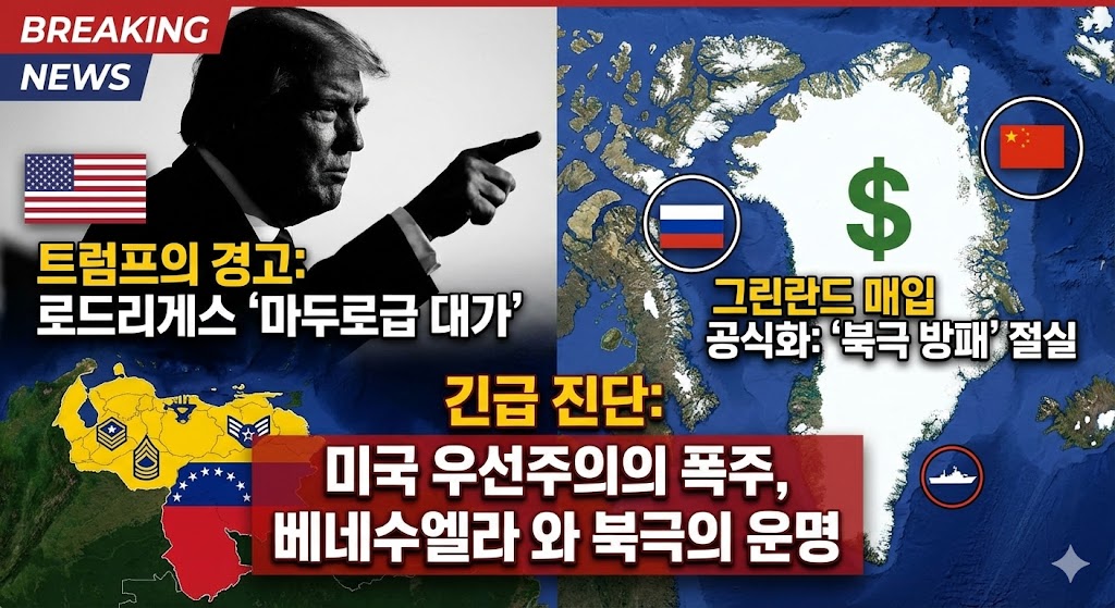 트럼프 대통령의 베네수엘라 직접 개입 경고와 그린란드 매입 의사를 요약한 정보성 블로그 썸네일 이미지