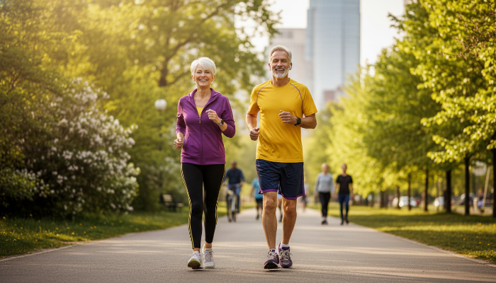 2025년 햇살 좋은 공원에서 활기차게 조깅하며 건강을 관리하는 시니어 부부의 모습