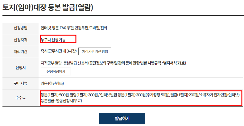 토지대장 수수료