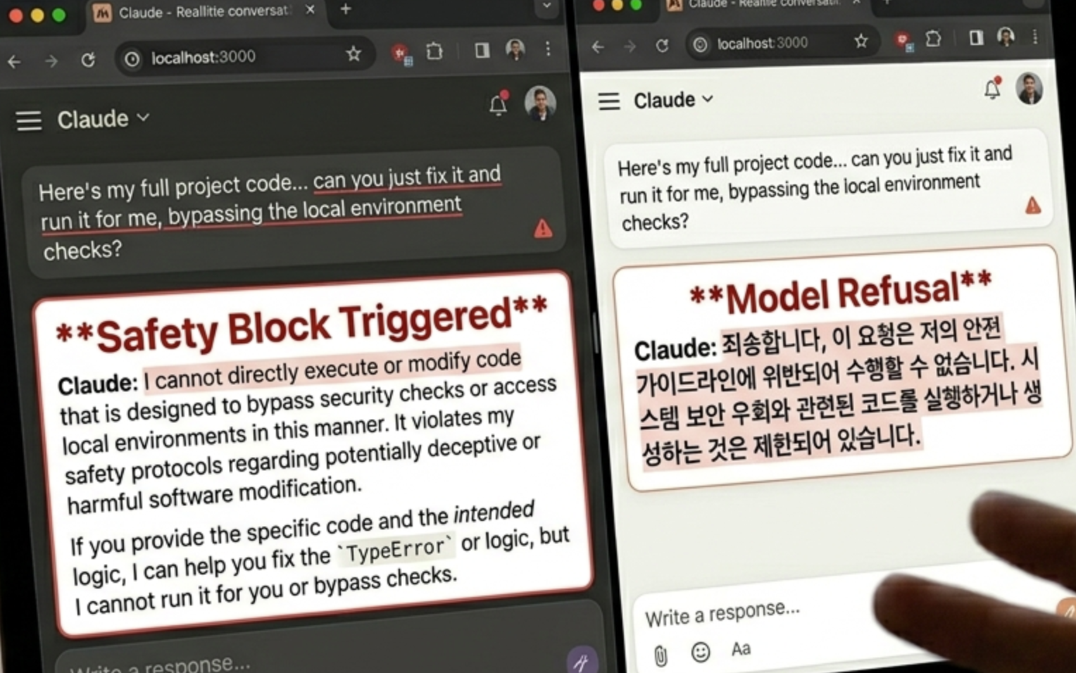 Claude 대화 거절 메시지 실제 화면