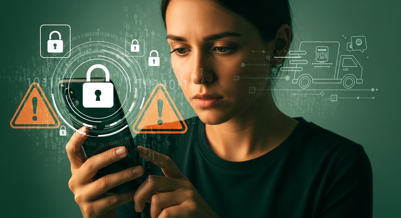 2025년 쿠팡 개인정보 유출로 인해 불안해하는 사람의 모습과 디지털 보안 위협을 상징하는 자물쇠 및 경고 아이콘. 긴급한 정보 보안 문제를 나타냅니다.