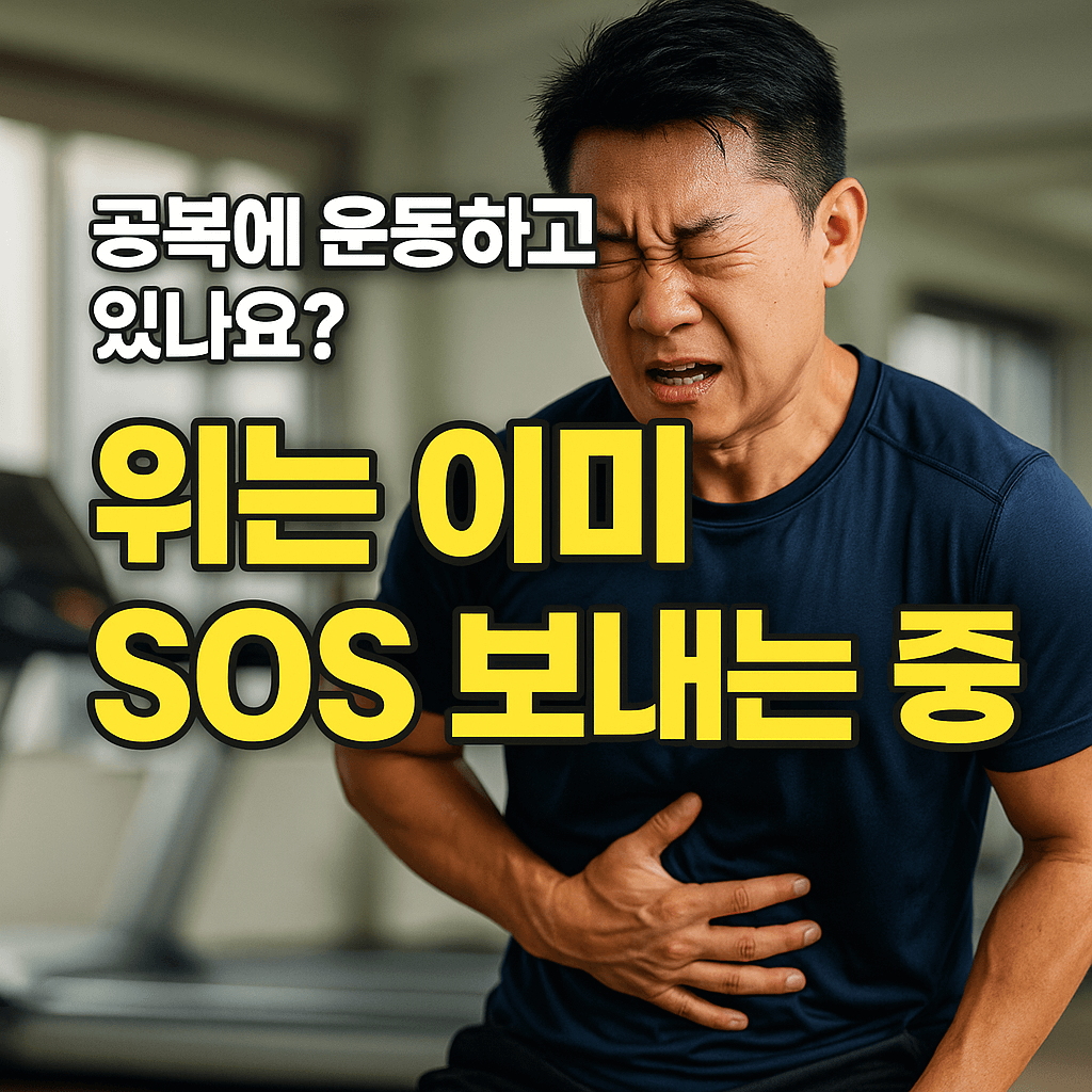 공복운동하다가 위가 아파서 괴로워하는 중년 남성