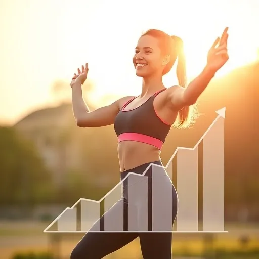 건강하고 활기찬 모습의 한 젊은 여성 또는 남성이 운동복을 입고 아침 햇살을 맞으며 가볍게 스트레칭하는 장면입니다. 그 옆으로는 통장에 돈이 쌓이듯 '건강'이라는 가치가 쌓이는 모습을 나타내는 그래프나 아이콘이 은은하게 중첩되어 보입니다.