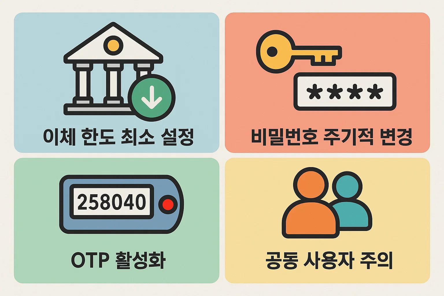 이체 한도 최소 설정, 주기적 비밀번호 변경, OTP 활성화, 공동 사용자 주의 등 안전한 금융 관리를 위한 필수 보안 가이드.