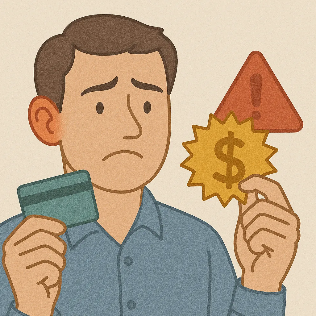 신용카드와-연회비-면제-혜택을-놓고-고민하는-남성의-일러스트