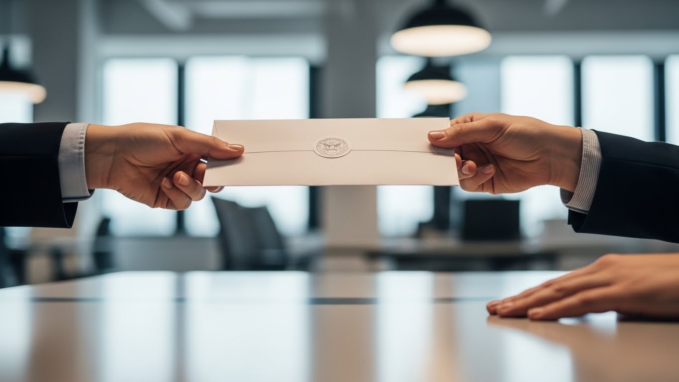 작성한 연말정산 서류를 회사 담당자에게 제출하며 환급 절차를 마무리하는 실제 행동 모습