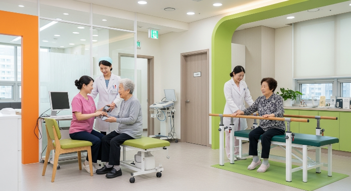 종합병원과 연계된 서울 시니어 타운 내 의료 센터에서 건강 관리를 받는 모습