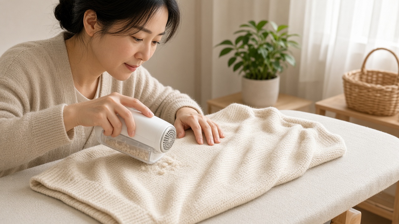 다리미판에 니트를 펴 놓고 보풀제거기로 보풀을 정리하는 30대 한국인 여성