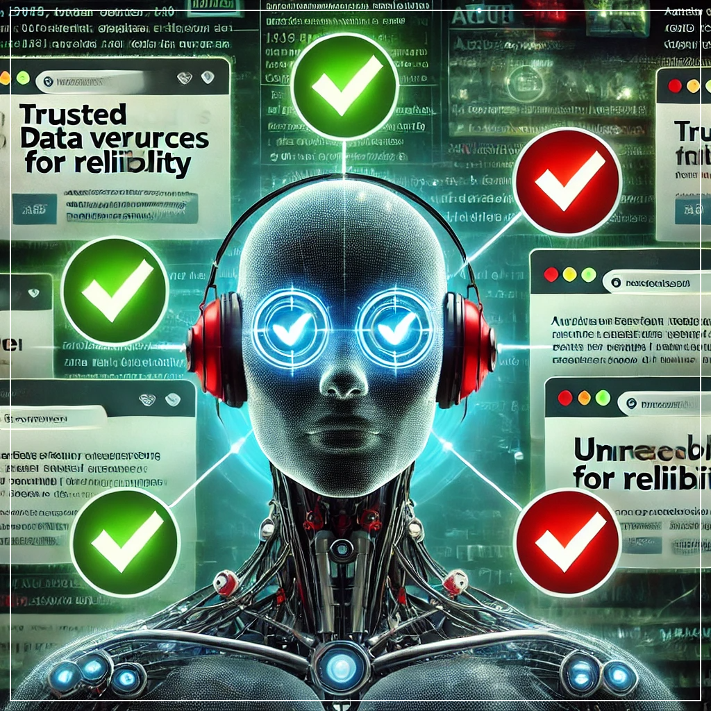 AI가 다양한 웹 페이지를 분석하며 신뢰할 수 있는 출처를 녹색 체크 표시로 강조하고, 부정확한 정보를 빨간색 경고 아이콘으로 표시하는 모습