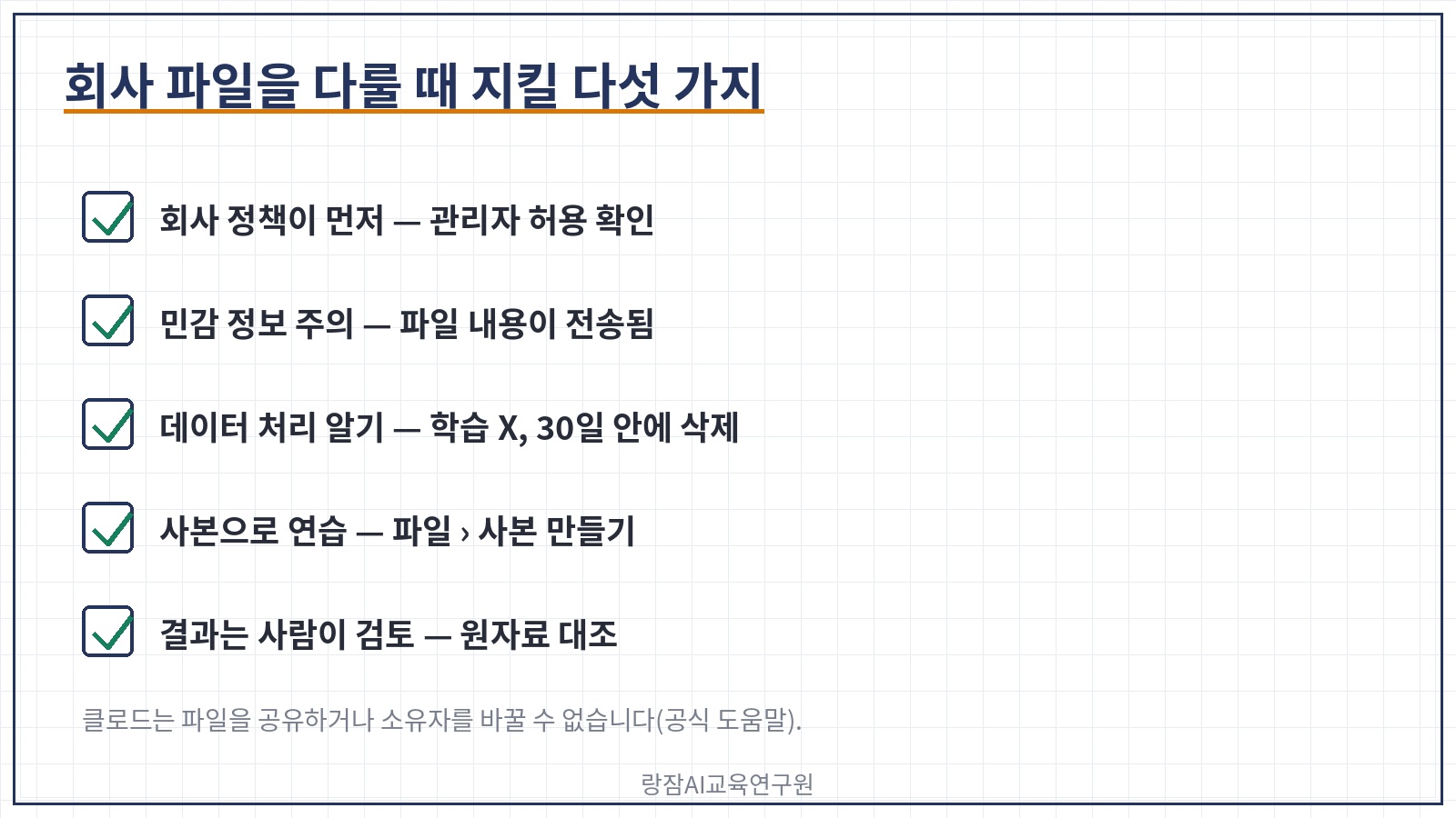 직장인 업무 장면과 보안 수칙 &mdash; 주간 보고&middot;예산 시트&middot;회의 발표자료, 회사 정책 먼저, 민감 정보 주의, 사본으로 연습, 결과 검토