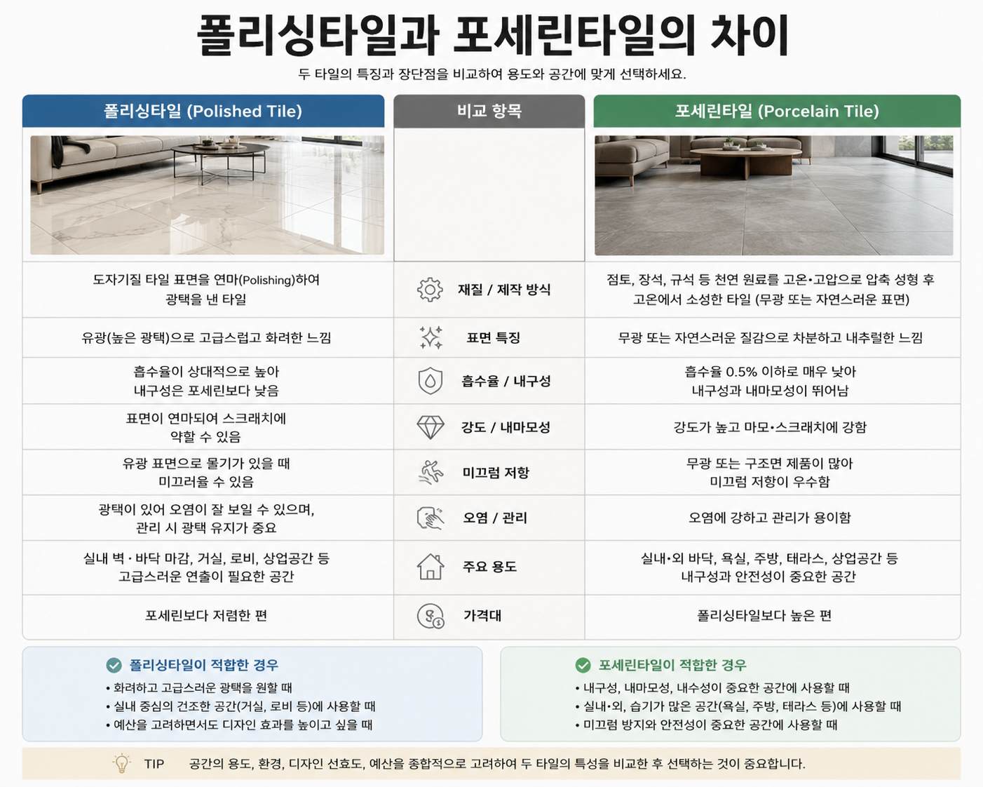 폴리싱타일과 포세린타일의 차이