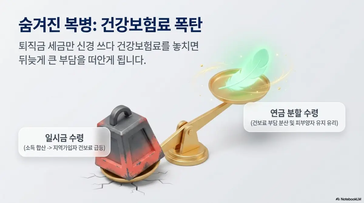 퇴직금 세금: 퇴직금을 일시금으로 수령하면 소득 합산으로 지역가입자 건강보험료가 급등하고 연금으로 분할 수령하면 건보료 부담이 분산되며 피부양자 유지에도 유리하다는 내용을 저울 그래픽으로 표현한 이미지