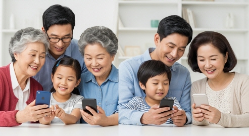 다양한 연령대의 사람들이 스마트폰을 함께 보는 장면