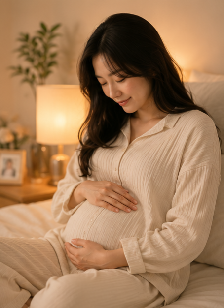 따뜻한 조명 아래에서 배를 감싸 안고 미소 짓는 여성의 모습