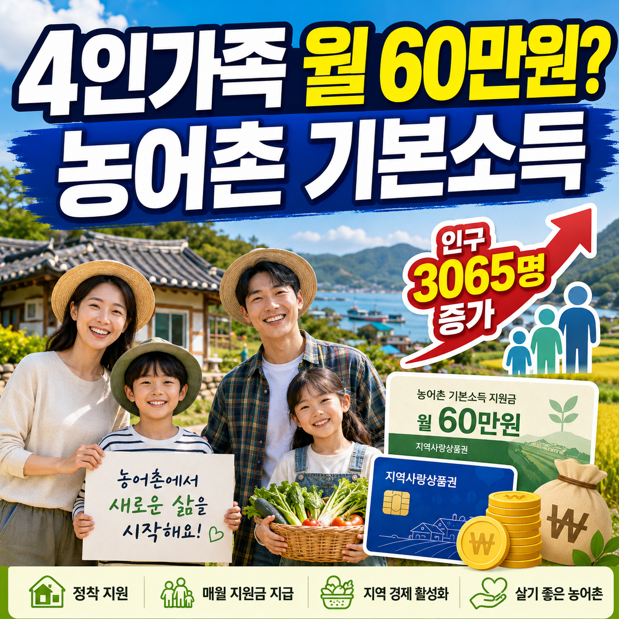 농어촌 기본소득 시범지역으로 이주하는 가족과 지역사랑상품권, 시골 마을 풍경을 함께 표현한 이미지
