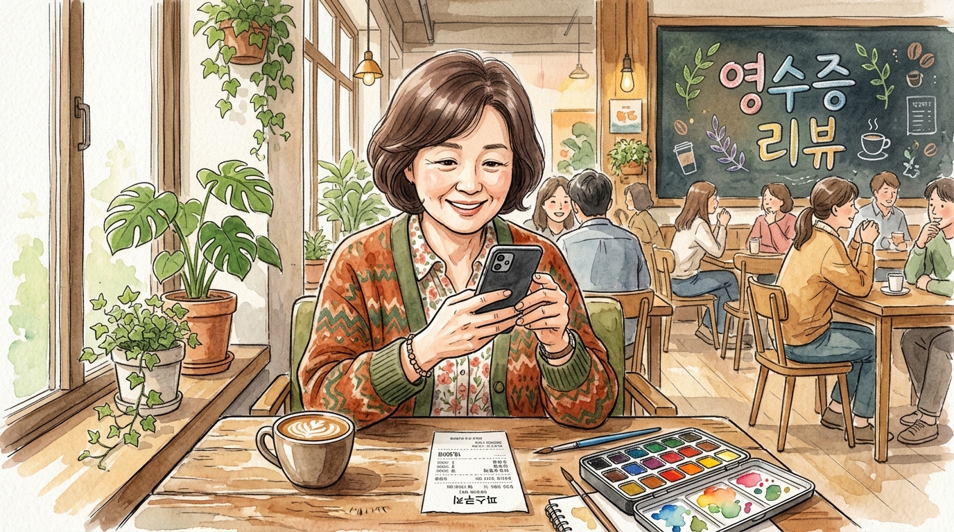 카페에서 주문한 영수증을 네이버 페이 포인트 쌓기 위해 스마트폰으로 촬영하고 있는 중년 여성의 모습.