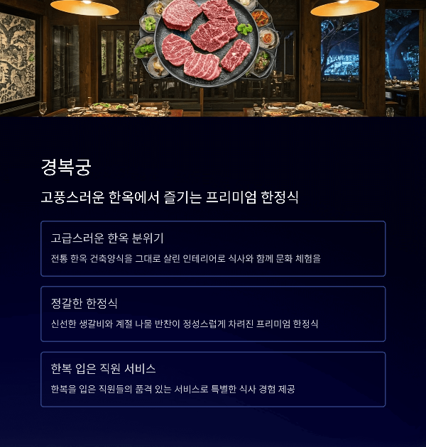 경복궁

고풍스러운 한옥에서 즐기는 프리미엄 한정식