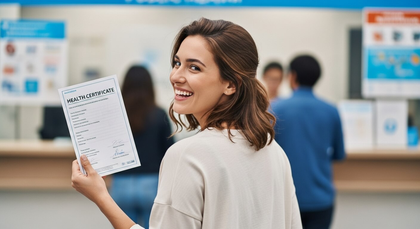 보건증을 들고 미소 짓는 여성