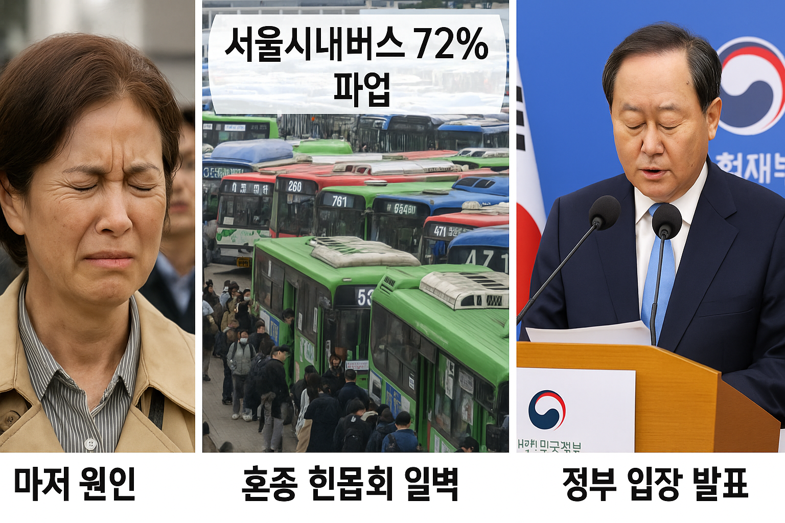 2025년 서울 버스 파업 상황을 보여주는 3컷 구성 이미지 &ndash; 시민 반응, 버스 정체, 정부 발표 장면