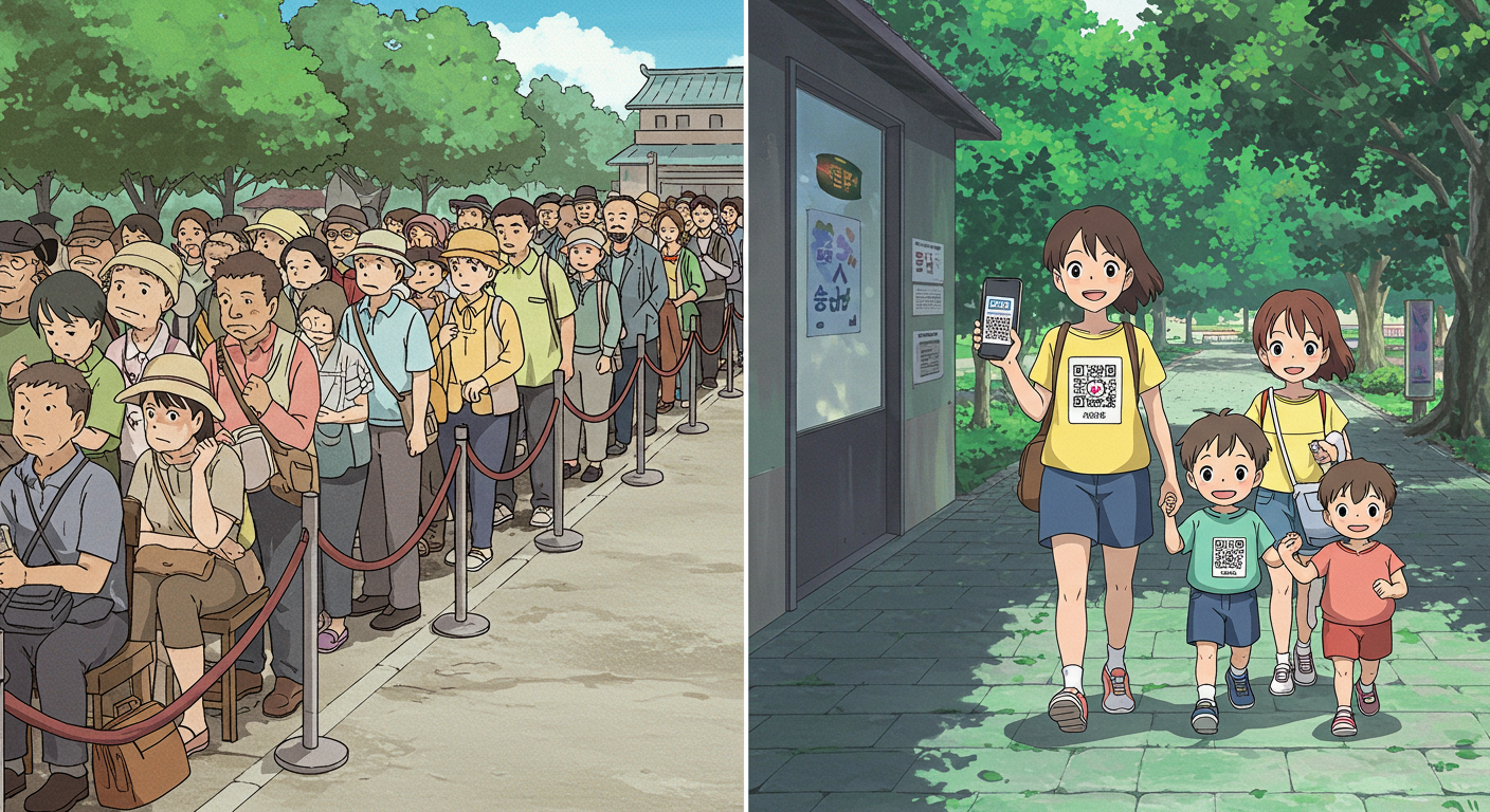 긴 줄에서 기다리는 사람들과 큐패스로 바로 입장하는 가족