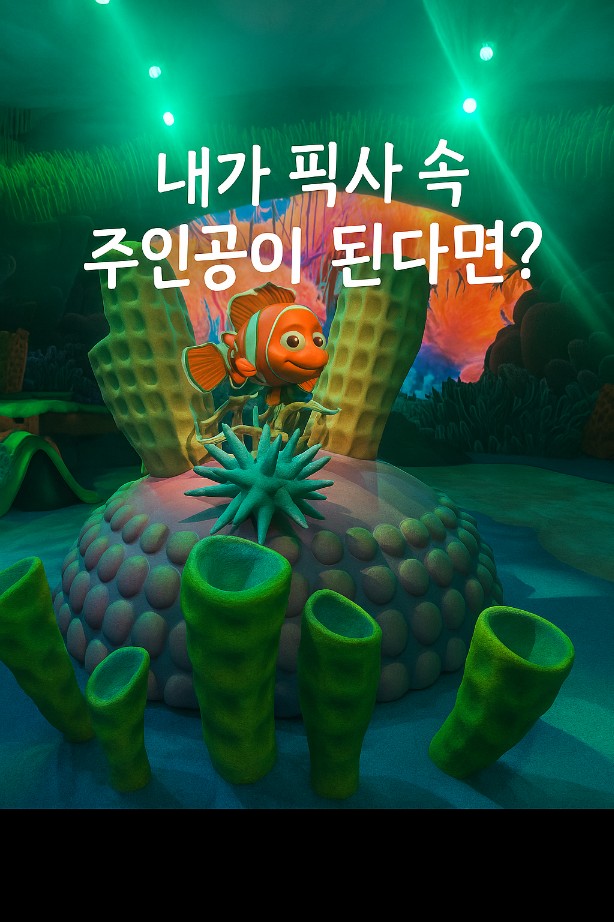 픽사 전시중에 일부인 니모를 찾아서의 장면속 니모 물고기 사진