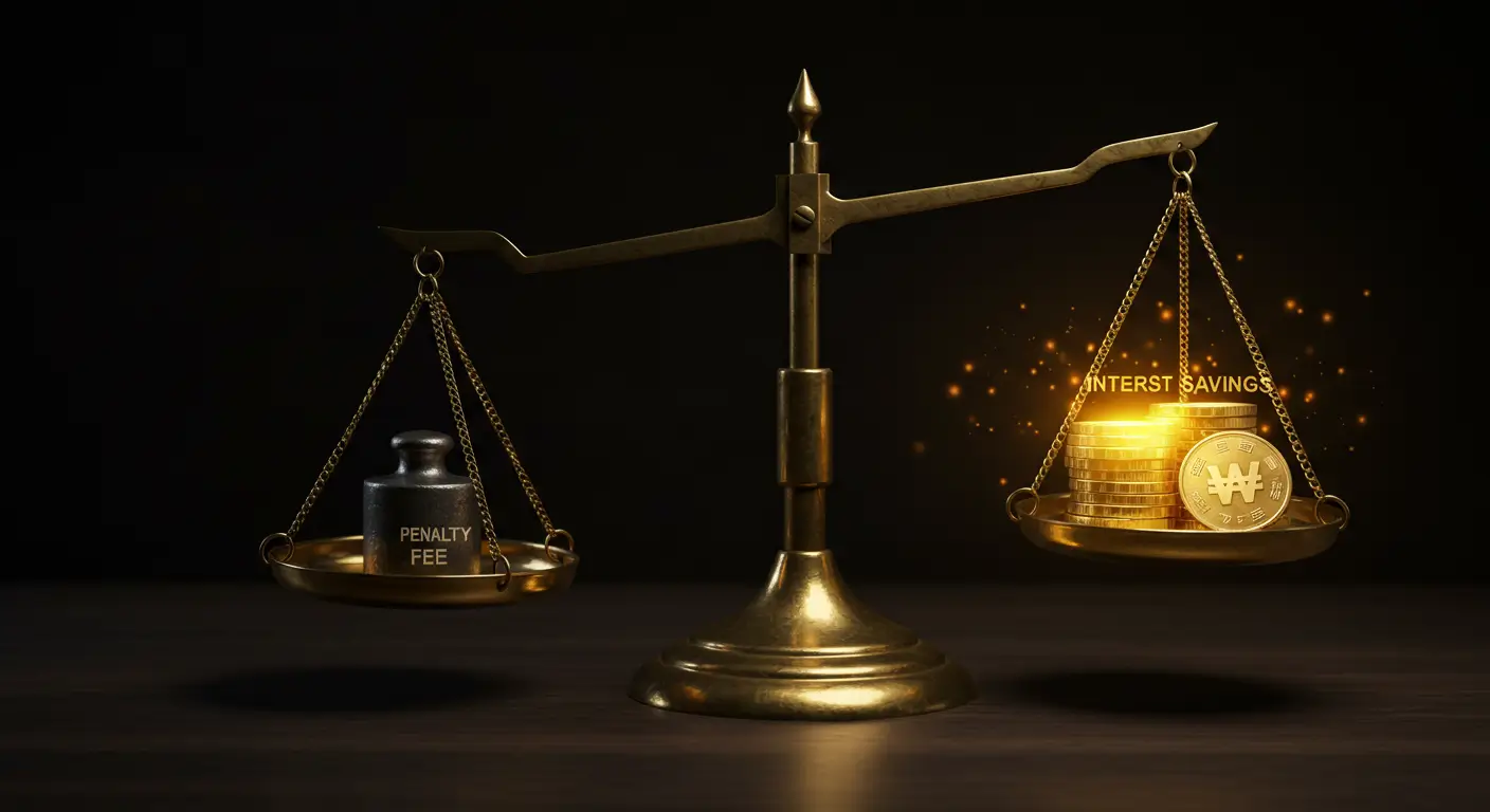 저울 위에서 중도상환수수료보다 이자 절감액이 훨씬 무거운 것을 보여주는 손익분기점 이미지