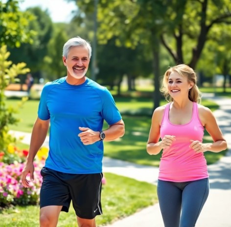 모세혈관 건강을 위해 걷기 운동을 하는 남성과 여성