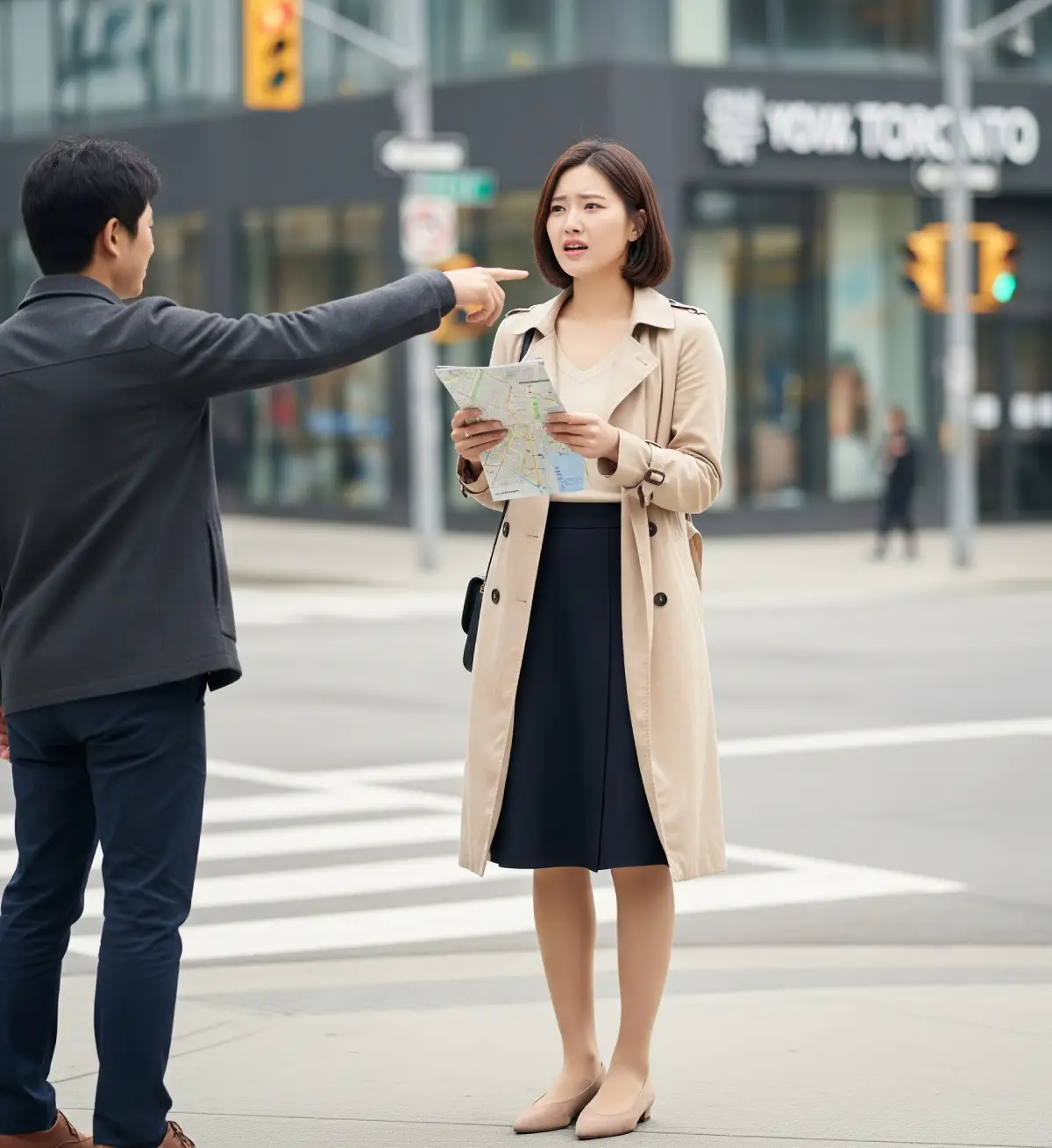 토론토 길거리에서 'Right'와 'Light' 발음 실수로, 행인에게 길을 묻지만 서로 다른 곳을 가리키며 소통이 막히는 답답한 상황.