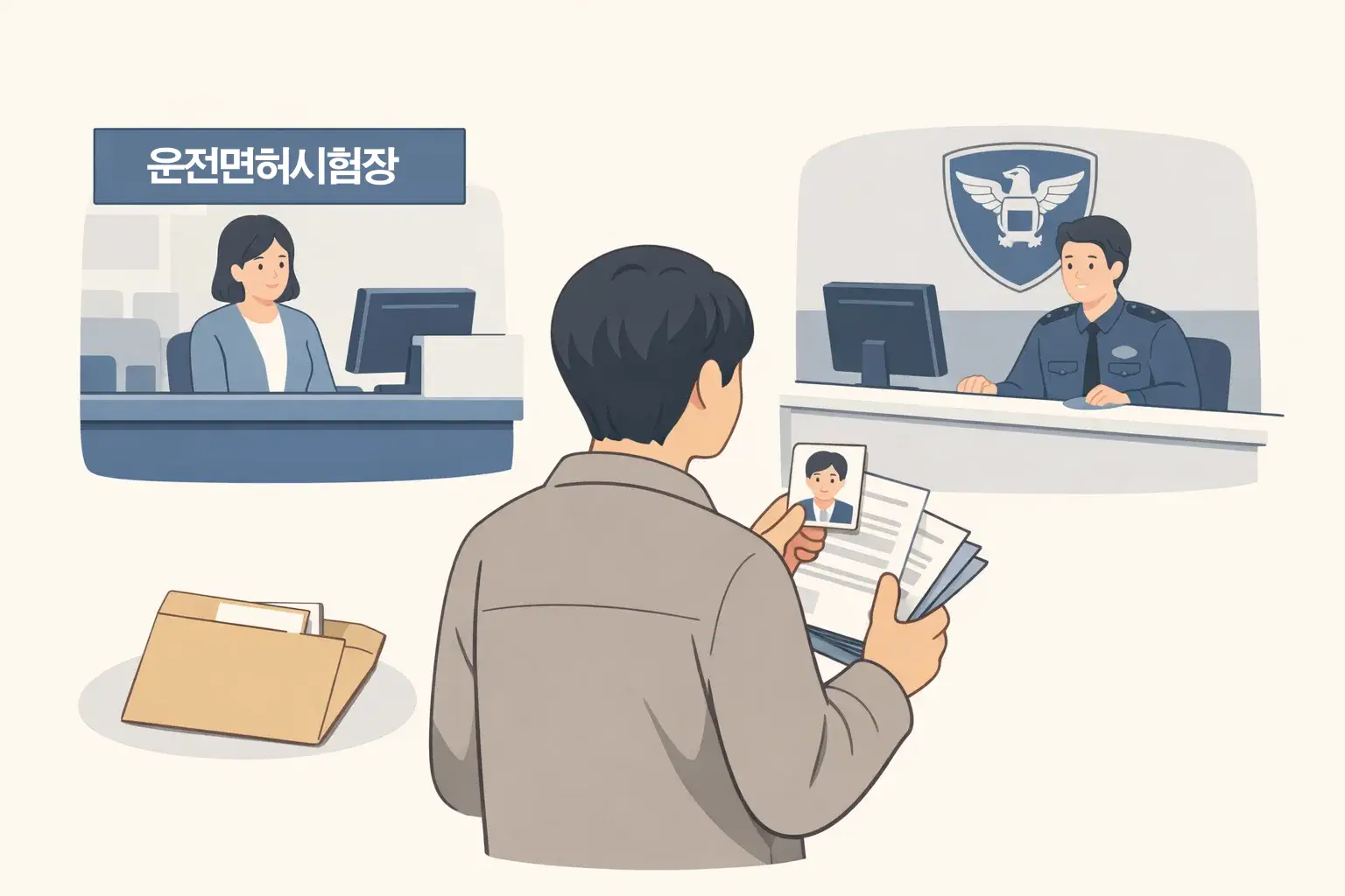 운전면허증 갱신 적성검사 준비 시 시험장과 경찰서 방문 흐름, 사진과 서류 준비 상황을 한눈에 이해하도록 보여주는 이미지