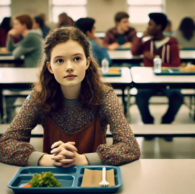 학교 식당에 혼자 앉은 소녀