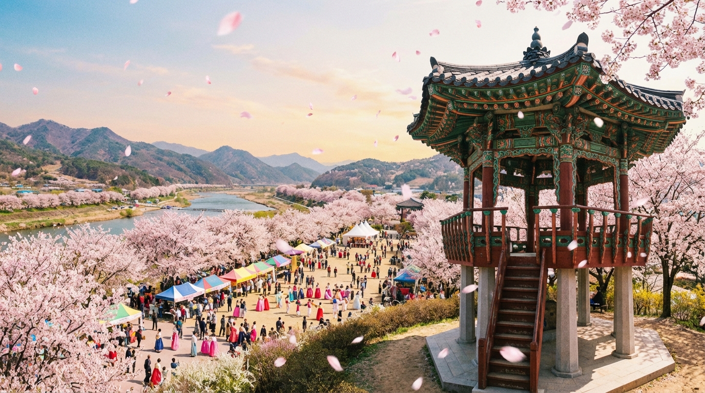 벚꽃 잎이 흩날리는 한국의 전통 정자와 4월 봄꽃 축제 전경